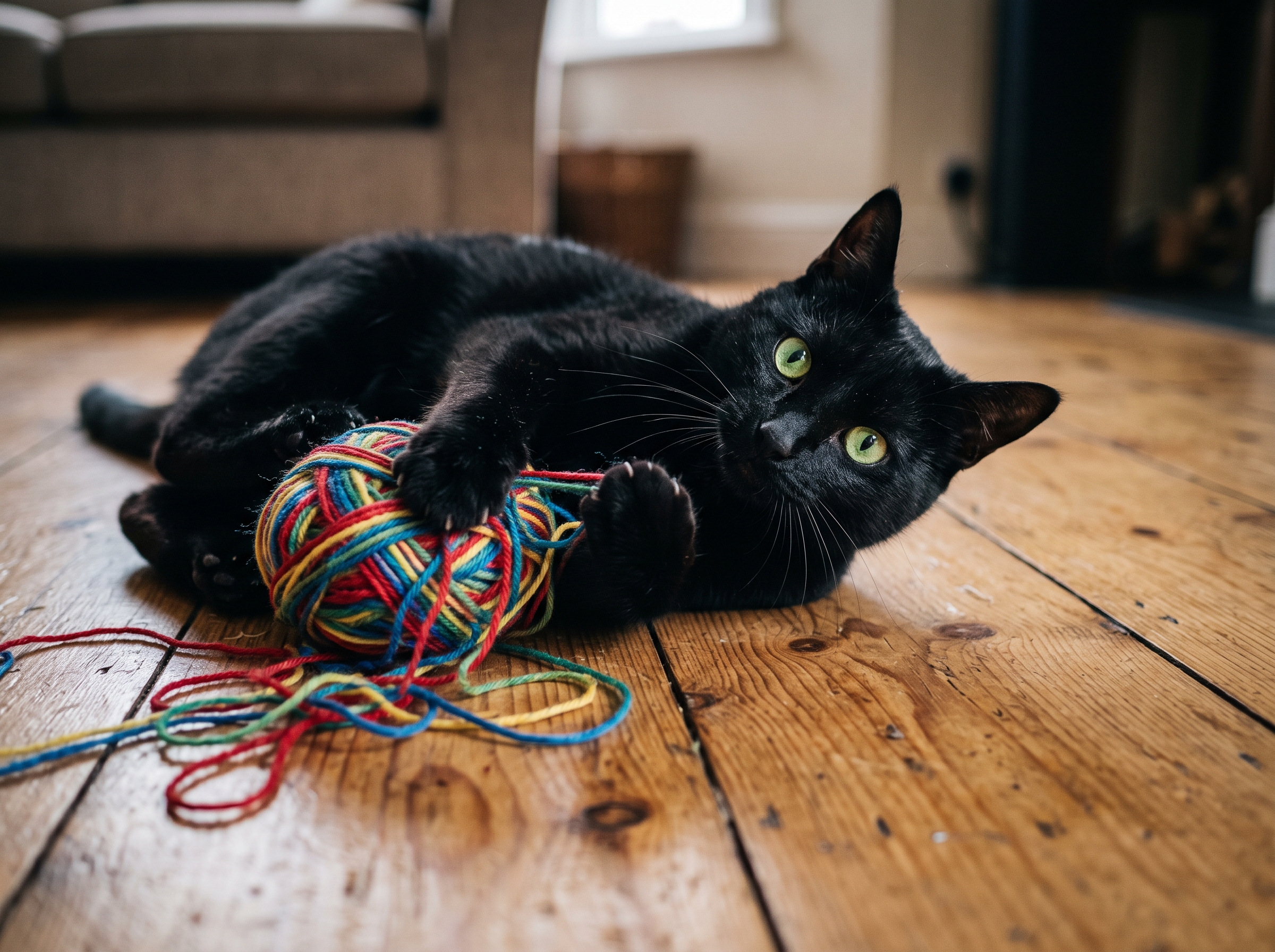 Черный кот играет с клубком