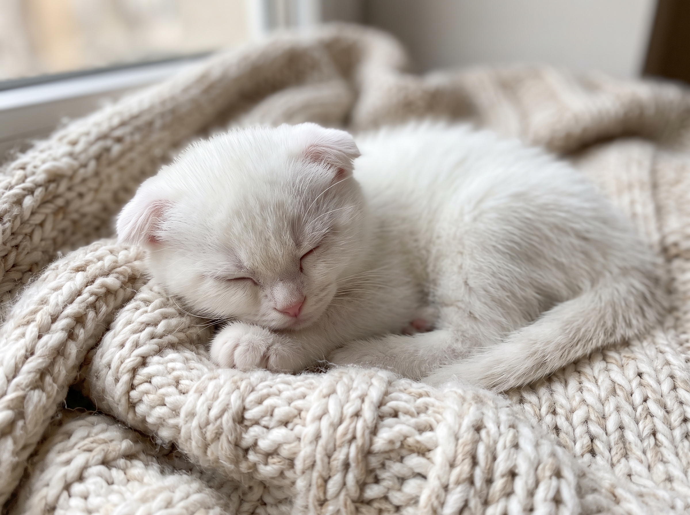 Спящий белый котенок